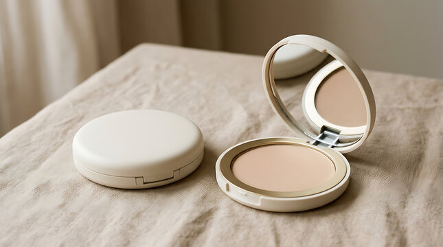 Premium blank makeup compact case mockup with matte ivory finish, open and closed versions arranged on soft beige surface, diffused studio lighting, realistic hinge and powder texture, clean editorial