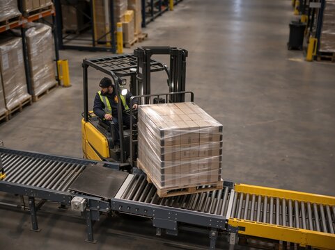 A warehouse employee drives a forklift to place a shrink-wrapped pallet of cardboard boxes onto a conveyor belt in a spacious industrial storage facility.