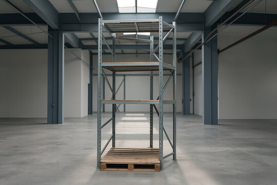 A tall steel storage rack in an expansive empty warehouse with a pallet