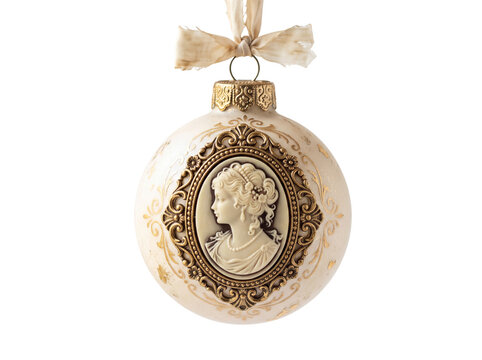 Cream vintage style christmas ornament with a lady portrait cameo and gold antique frame as transparent object