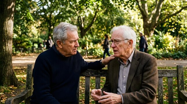 Two senior men having a deep conversation while sitting on a park bench
