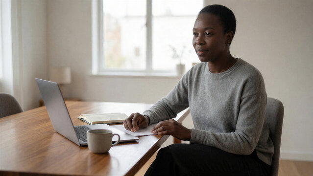 Eine Frau arbeitet konzentriert im Homeoffice in einer realistischen Wohnsituation. Das Bild eignet sich f&uuml;r Remote Work, B&uuml;roarbeit, Digitalisierung und moderne Arbeitsmodelle.