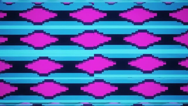Retro pixel art background pattern with pink diamonds and blue stripes geometric vintage design