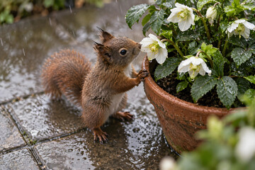 Wet Little Red Squirrel Reaching Up to Smell White Flowers in Terracotta Pot During Rain © Manzy