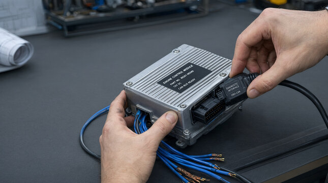 Technician's hands connect a multi-pin cable into a metallic electronic control unit, with several blue wires extending from the device on a dark workbench.