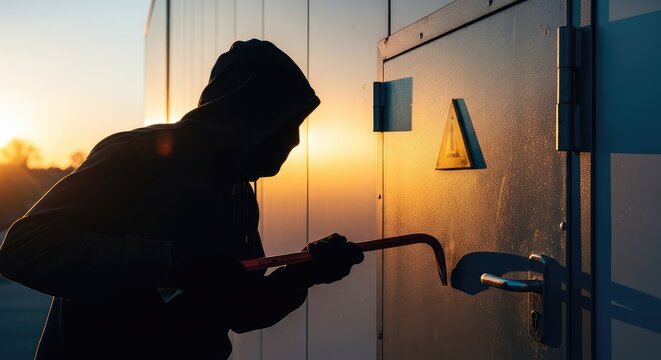 Security camera footage captures a dark hooded silhouette prying open a facility entrance at dawn, emphasizing surveillance and protection, entrance, early, technology