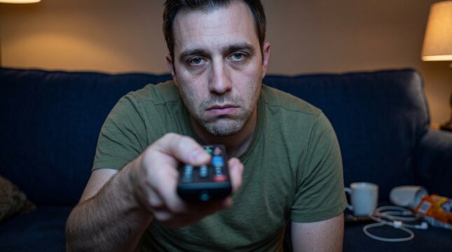 Commercial stock photo of a bored man slouching on a dark couch holding a remote control, illuminated by the glow of a television screen.