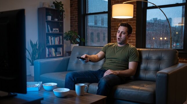 Commercial stock photo of a bored man slouching on a dark couch holding a remote control, illuminated by the glow of a television screen.