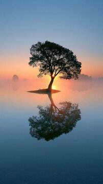 Scenic sunrise or sunset landscape with a lone tree standing by a calm river, sun rays bursting through branches and reflecting in water with rocky foreground stones, peaceful nature view.