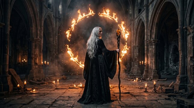 Silver haired sorceress holding a magical staff before a fiery portal inside an ancient gothic cathedral