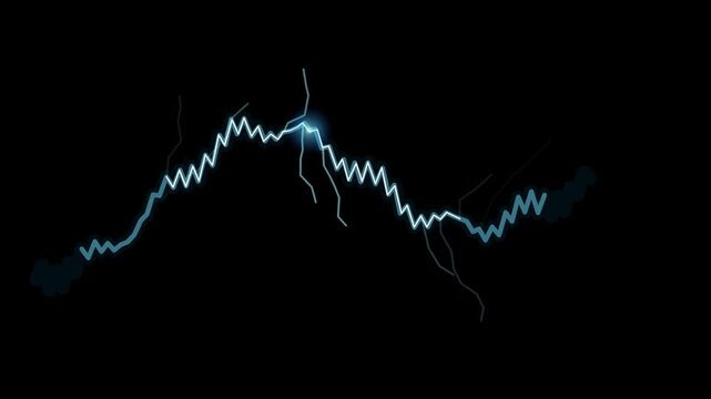 An animated graphic showing a glowing blue electric wave and lightning strike moving across a black background, looped motion design.