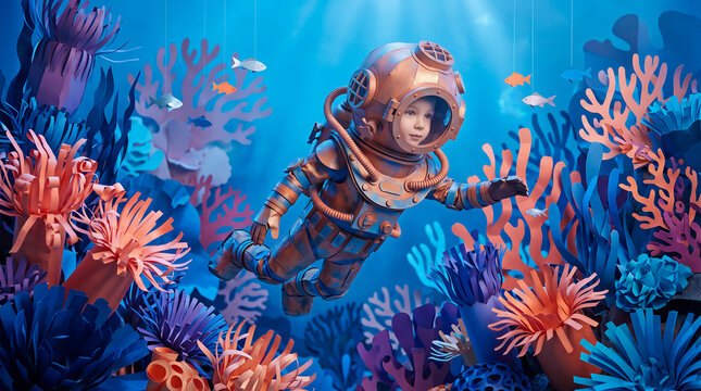 Papercraft illustration of a child in a vintage diving suit swimming through a vibrant coral reef, colorful paper fish and sea plants. Fantasy art, ocean exploration