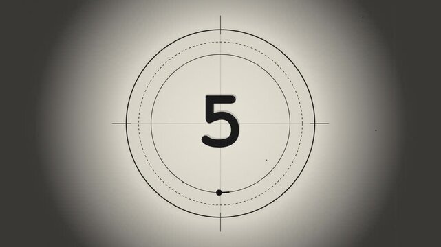 A vintage style countdown timer animation counting down from ten to one with a rotating black dot along a circular track on a textured screen.