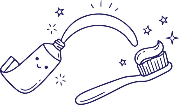 Cute outline vector illustration of a smiling toothpaste tube squeezing paste onto a toothbrush for oral care concepts