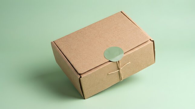Brown cardboard package box tied with twine string and green sticker on mint green background