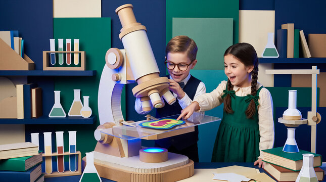 Two young children looking at specimen on microscope slide in science classroom, joyful expressions, colorful laboratory equipment. Science education, learning, biology, stem discovery.