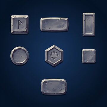 Set of stone game interface buttons with carved symbols on a dark blue background