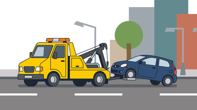 Yellow tow truck lifting and towing a blue hatchback car on a city street flat vector illustration