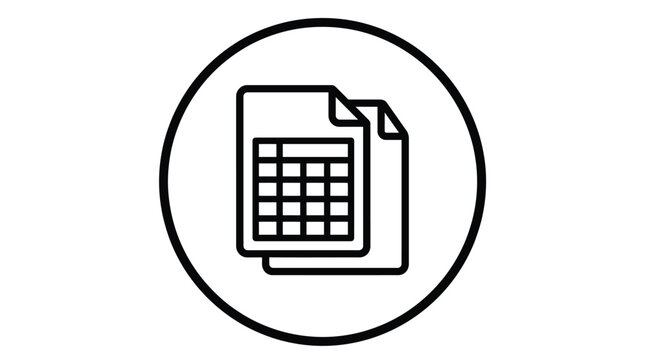 Spreadsheet icon featuring document pages with grids inside a circular outline for clean digital interface design