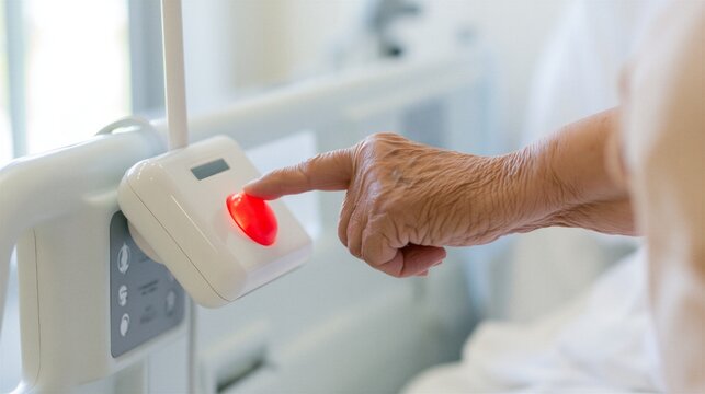 Close Up Hand of Senior Patient Pressing Red Emergency Nurse Call Button