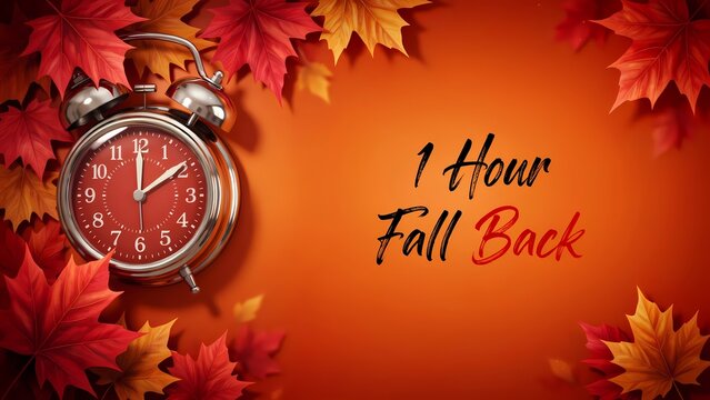 Vintage alarm clock with text 1 hour fall back on a background of orange and red autumn leaves