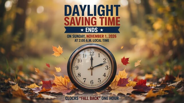 Daylight saving time ends banner with a classic clock on a background of autumn leaves