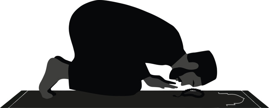 Black silhouette of a muslim man kneeling on a prayer rug in a position of prostration with prayer beads on a white background
