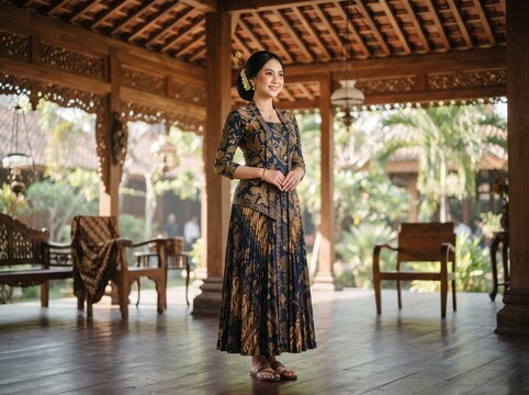 Elegant Indonesian Woman Wearing Traditional Batik Patterned Dress in a Rustic Wooden Joglo Pavilion