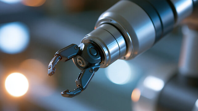 Industrial robotic arm with gripper, metallic gray finish, automation technology, manufacturing equipment, with copy space