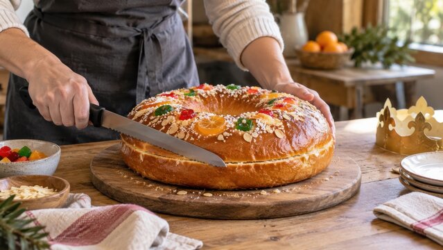 Baker slicing a traditional Spanish Roscon de Reyes cake
