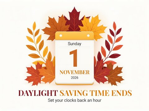 Calendar page showing sunday november 1st for daylight saving time ends with colorful autumn leaves