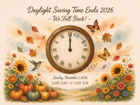 Daylight saving time ends 2026 fall back clock illustration with autumn leaves and pumpkins