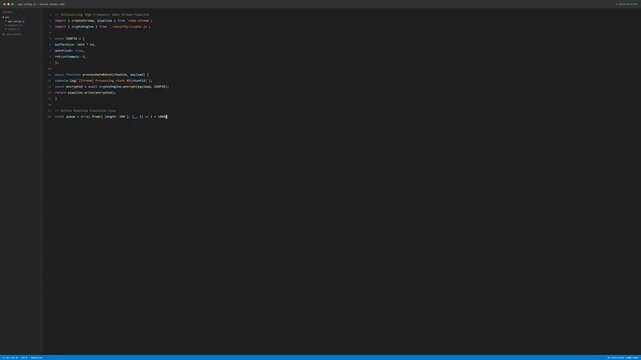 JavaScript Code Typing Animation in Dark Code Editor, Software Development Background, 4K

