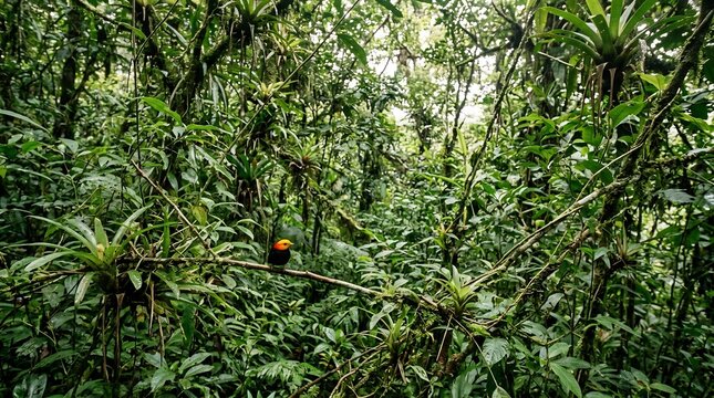Small tropical bird with yellow head perched on a branch in a lush green rainforest