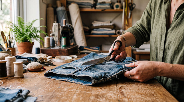 Sustainable fashion and upcycling concept with a woman cutting denim jeans to repurpose old clothing for an eco-friendly sewing project in a creative home workshop