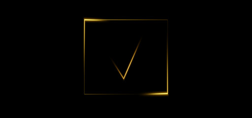 Minimalist golden check mark in glowing geometric square frame on black background  © pavel
