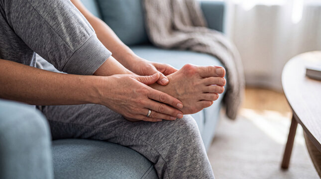Woman suffering from severe foot pain holding her foot with a hallux valgus deformity and bunion for orthopedic and medical health concepts
