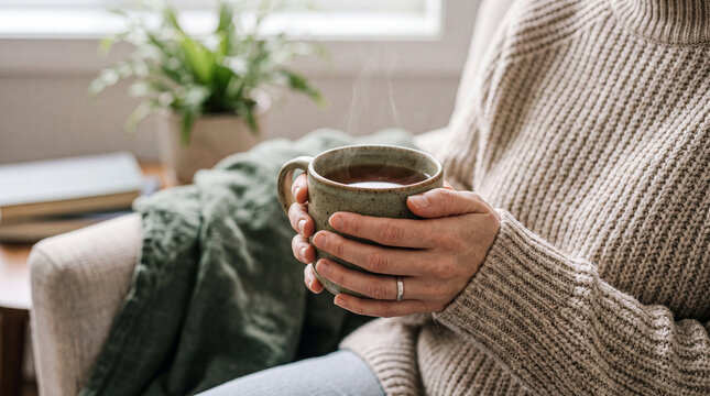 Self care and wellness concept with a woman holding a warm cup of herbal tea for relaxation and stress relief at home during a quiet moment of mindfulness and comfort