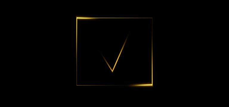 Minimalist golden check mark in glowing geometric square frame on black background 