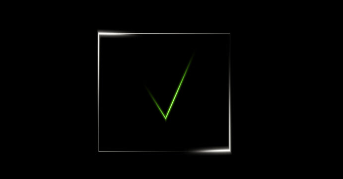 Glowing neon green check mark inside silver square frame on black background.