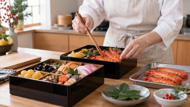 Cook arranging prawns in jubako box for Japanese New Year