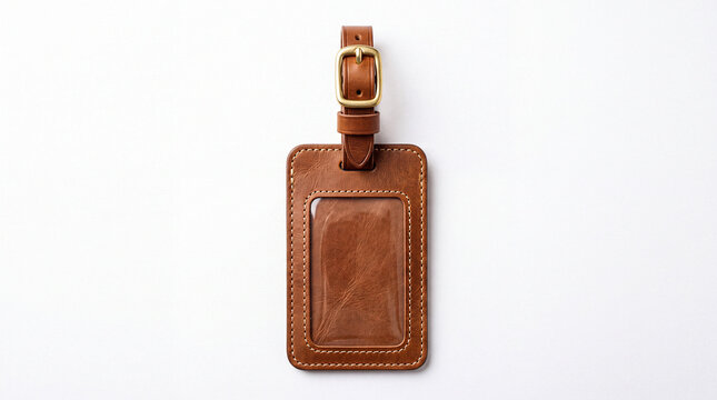 Premium brown leather luggage tag with a buckle strap isolated on a clean white background for travel and accessory design