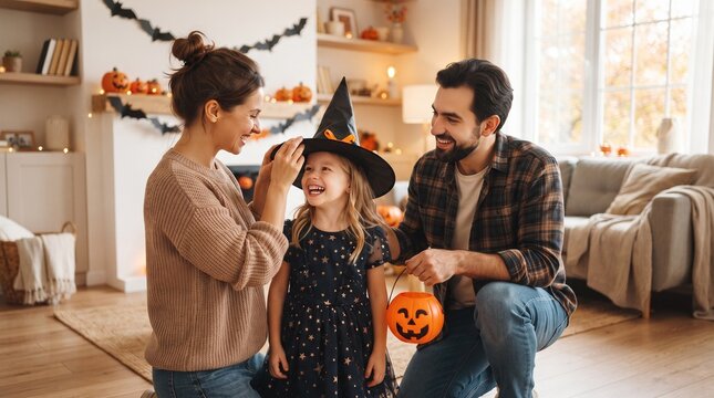 Parents preparing child Halloween costume at home