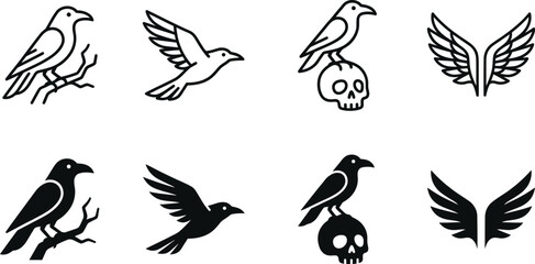 Obraz premium Raven and skull vector icons set featuring flying black crows perched bird and wings in line and silhouette style