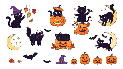 Fototapeta premium Set of cute black cats with pumpkins and bats for Halloween holiday celebration isolated on white background