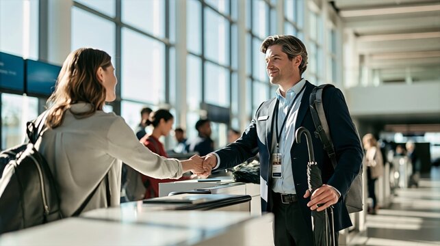Airport agent returning a found umbrella to a traveler at service counter