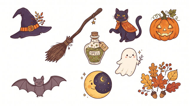 Set of cute Halloween hand drawn elements including witch hat broomstick black cat pumpkin and friendly ghost