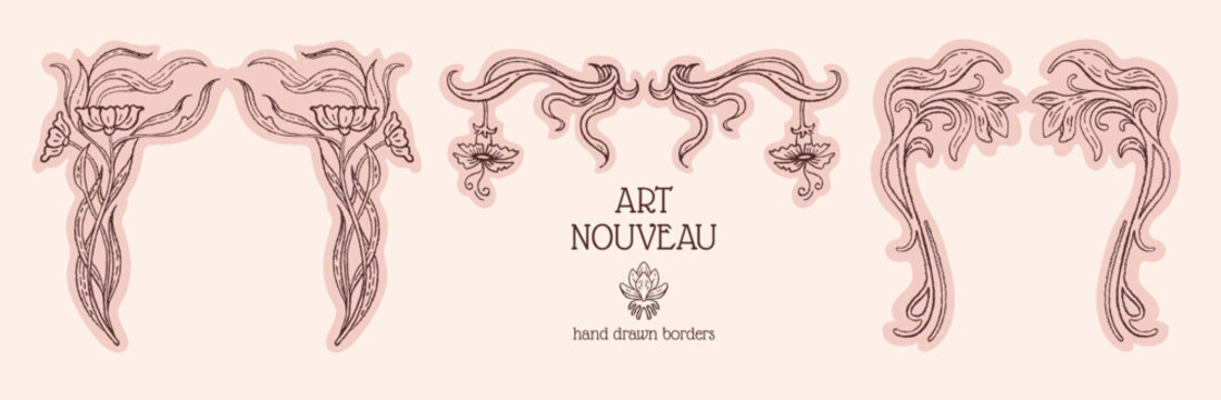 Frame in Art Nouveau set. Floral border with Art Nouveau ornament. Vine vector decorative pattern. Flourish deco corner frame and border. Vintage flower gothic, baroque, classic boarder menu design bg