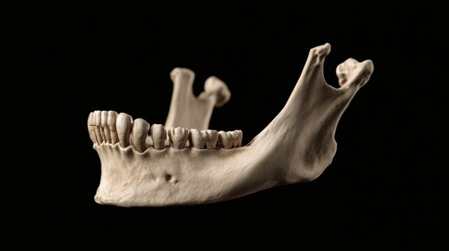 Human mandible bone with teeth on black background