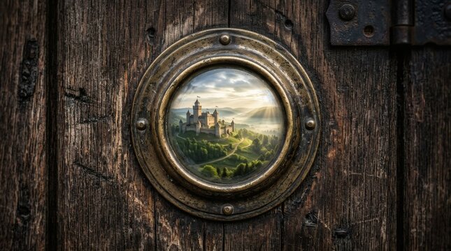 Ancient wooden door with circular brass porthole revealing a fantasy medieval castle on a misty hill at sunrise